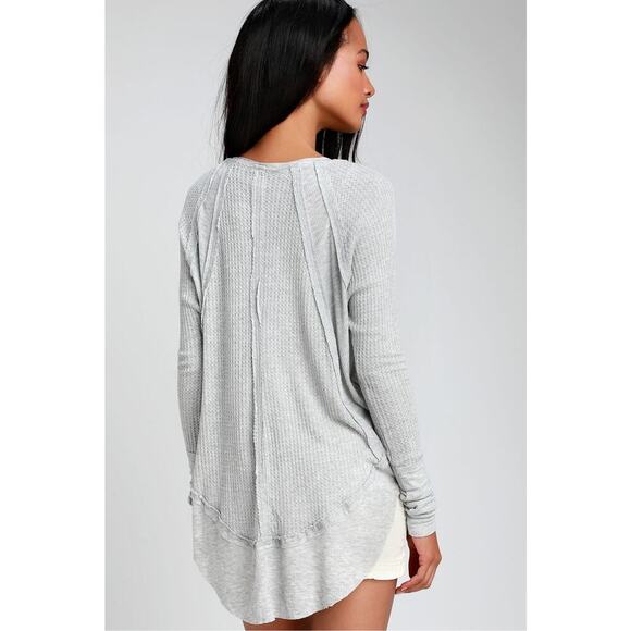 We the Free Calatina Heather Gray Thermal LS Top Medium Stretchy Bohemian V-neck - Picture 2 of 12